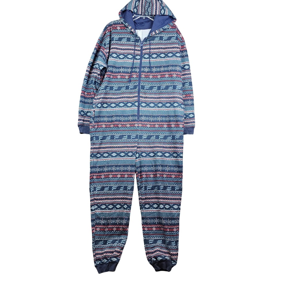 Fabletics Onesie Pajamas XXL Blue Red Fair Isle Hooded‎ Full Zip Loungewear